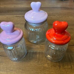 Set of Three Heart Lid Glass Jars
